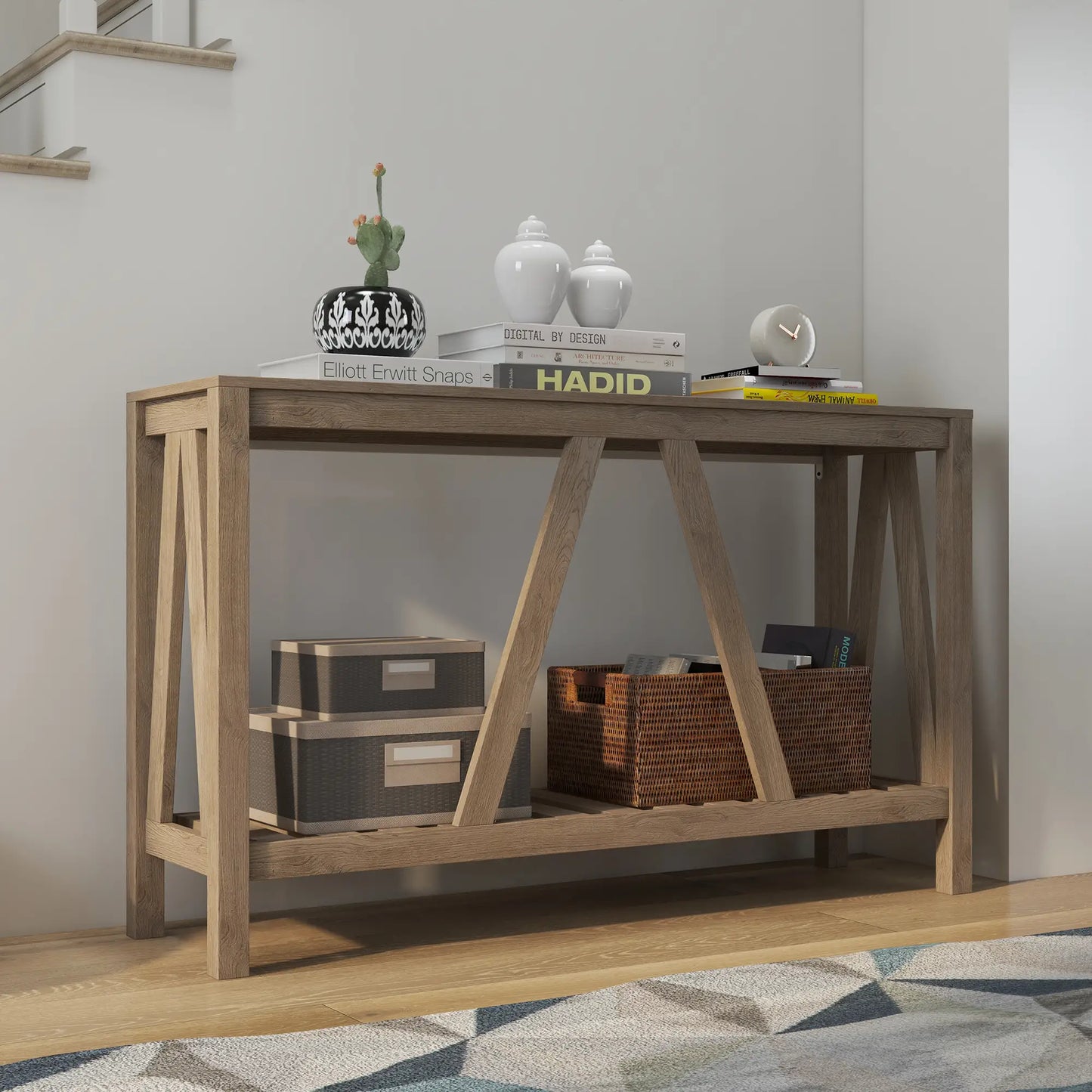 Farmhouse Entryway Table, Rustic Console with Shelf, Distressed, Grey Console Tables at Gallery Canada