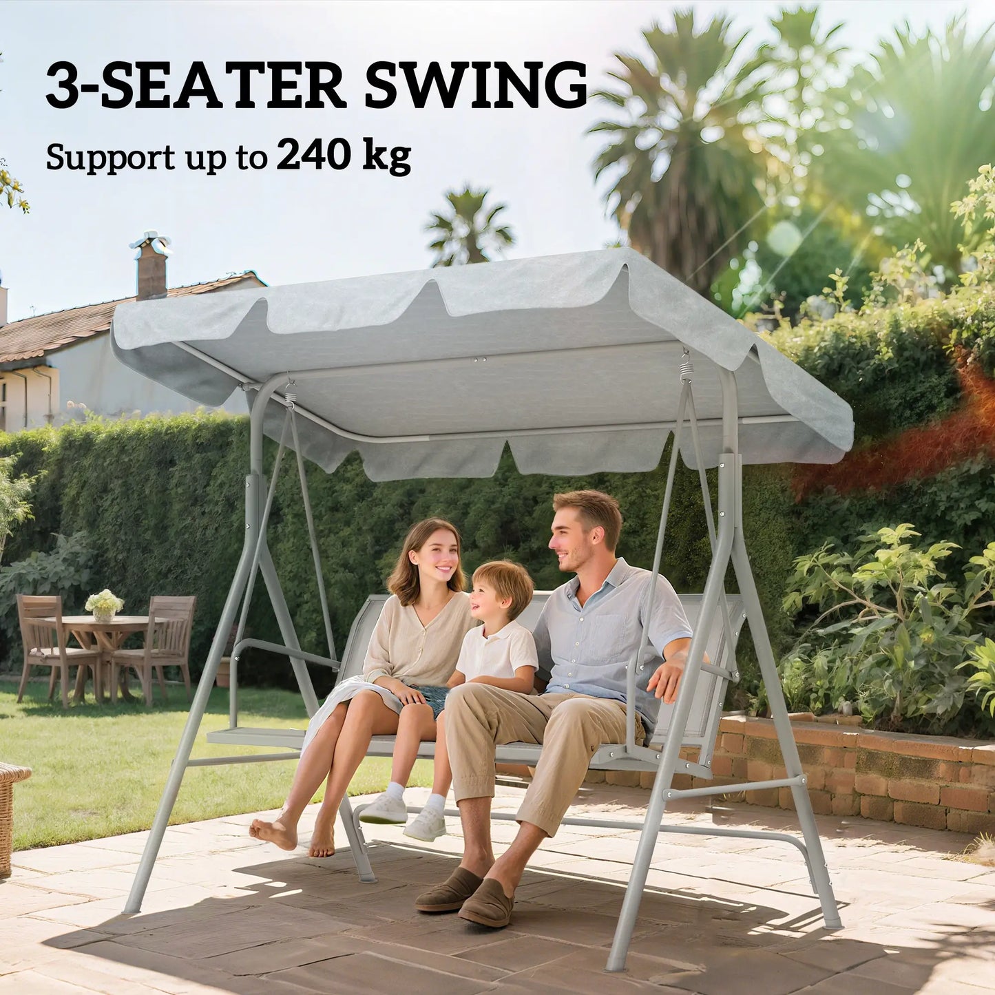 3-Seater Outdoor Swing Chair, Patio Swing with Canopy, Light Grey Patio Swings with Stand at Gallery Canada