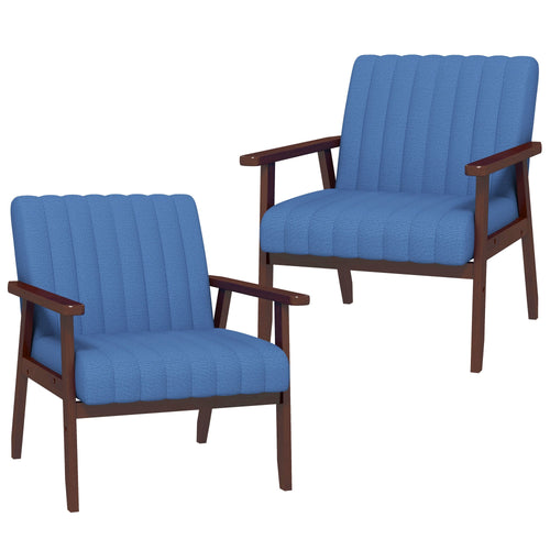 Set of 2 Accent Chairs, Modern Upholstered Armchairs for Living Room with Wooden Legs and Tufting Design, Dark Blue