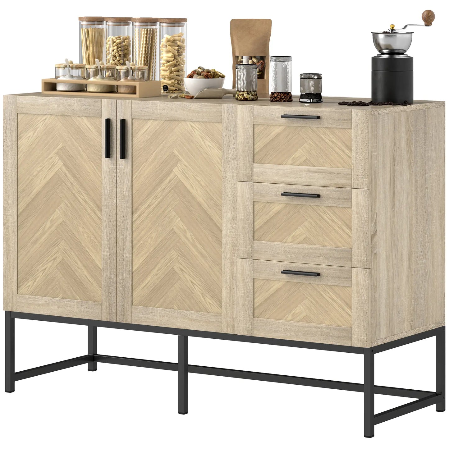 Buffet Cabinet, Coffee Bar with Drawers, Adjustable Shelf, Oak Bar Cabinets Oak Body, Black Base, and Handle at Gallery Canada