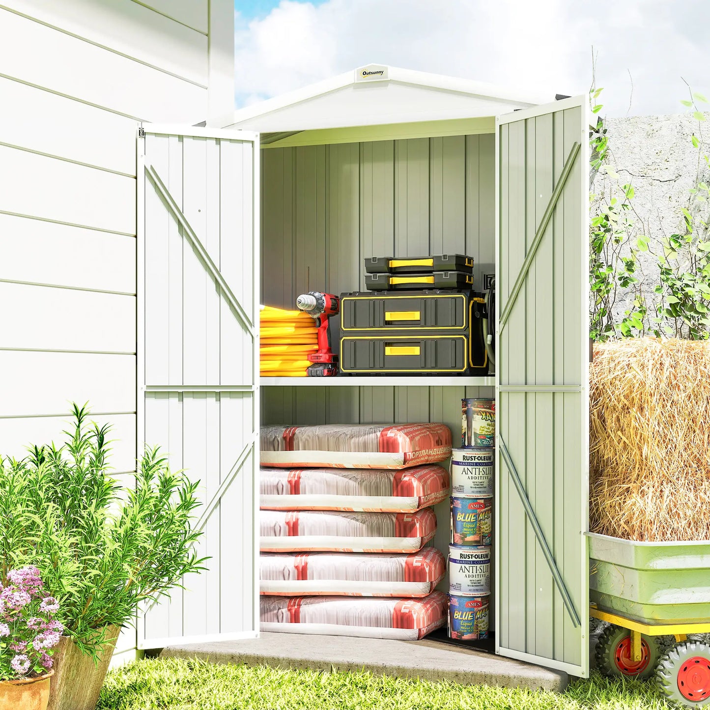 Metal Garden Shed with Shelf, Apex Roof, Light Grey Sheds at Gallery Canada