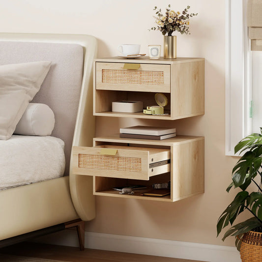 Floating Bedside Table Set of 2, Wall Mount Nordic Nightstands with Storage Drawer and Open Shelf for Bedroom, Oak Bedside Tables Oak at Gallery Canada