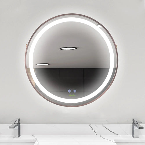 24'' Round LED Bathroom Mirror, Dimmable Anti Fog, 3 Color Temps, Rose Gold