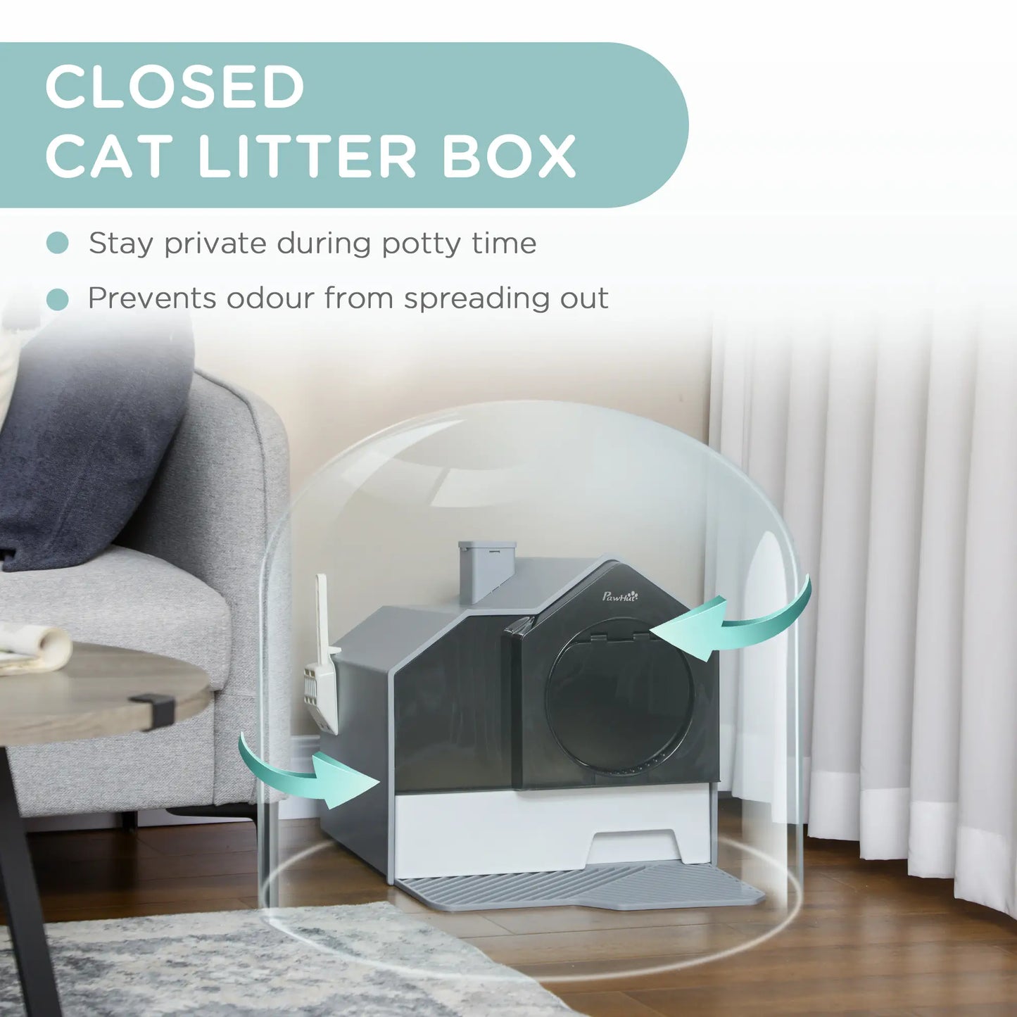 Hooded Cat Litter Box with Lid, Pull-Out Drawer, Scoop, Grey Cat Litter Box Enclosures at Gallery Canada