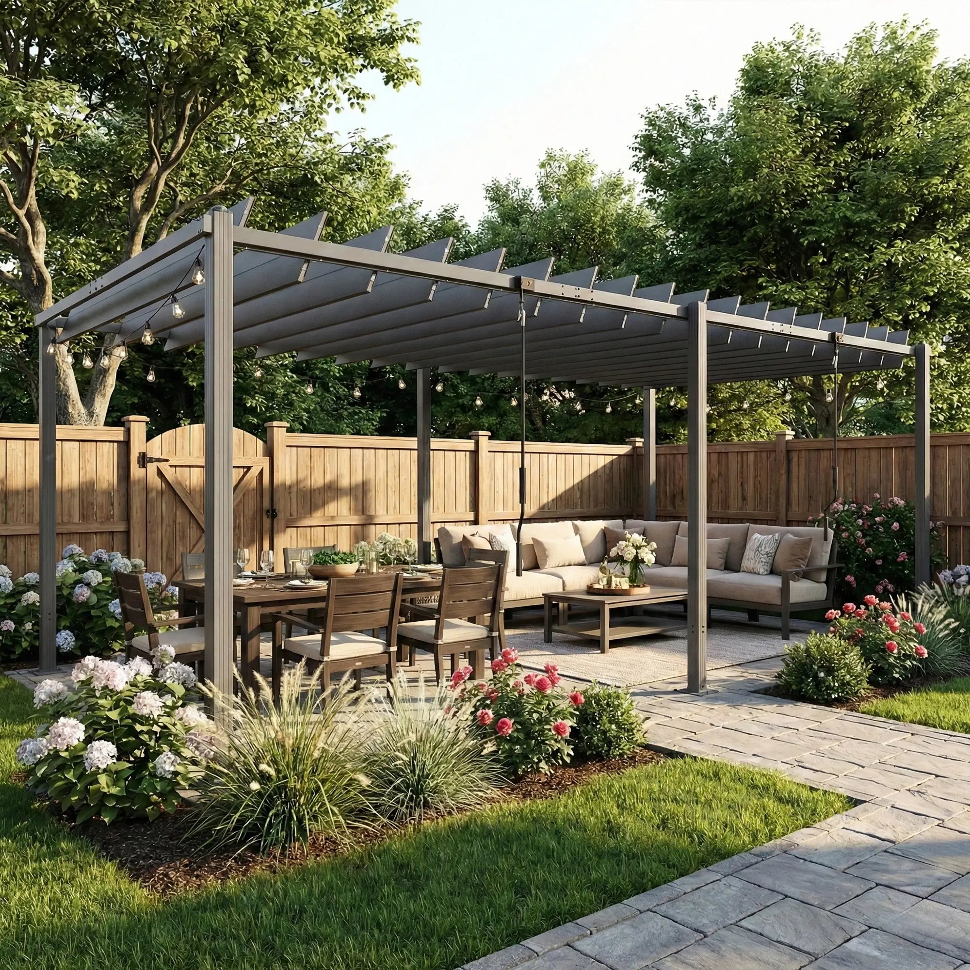 10' x 19' Dark Grey Louvered Pergola, UPF50+ Adjustable Roof, Aluminum Frame, Dark Grey Pergolas at Gallery Canada