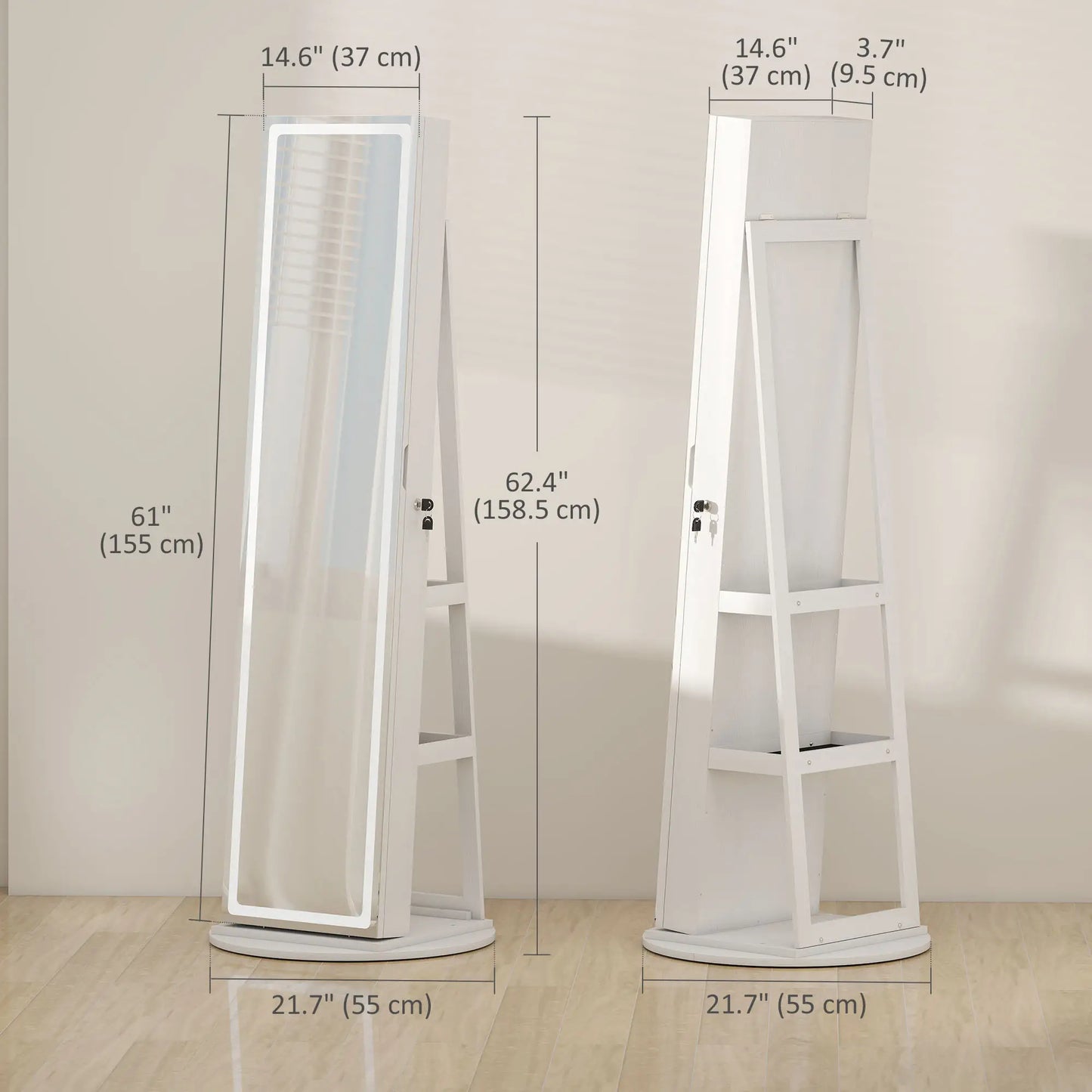 360° Swivel Jewelry Cabinet, Full Length Mirror, Lockable, LED Lights, White Jewelry Armoire & Jewellery Mirror Cabinets at Gallery Canada