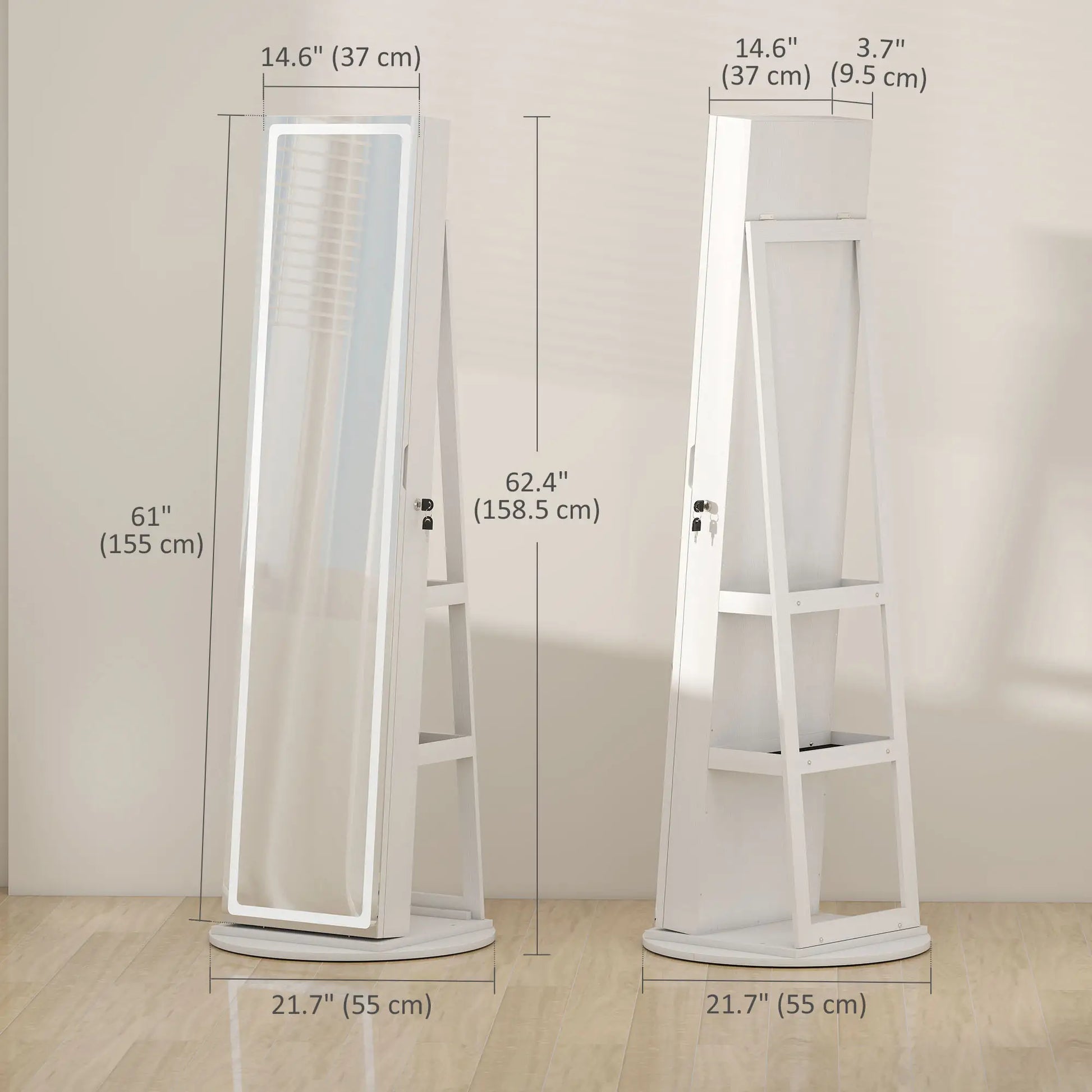 360° Swivel Jewelry Cabinet, Full Length Mirror, Lockable, LED Lights, White Jewelry Armoire & Jewellery Mirror Cabinets at Gallery Canada