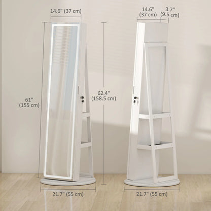 360° Swivel Jewelry Cabinet, Full Length Mirror, Lockable, LED Lights, White Jewelry Armoire & Jewellery Mirror Cabinets at Gallery Canada