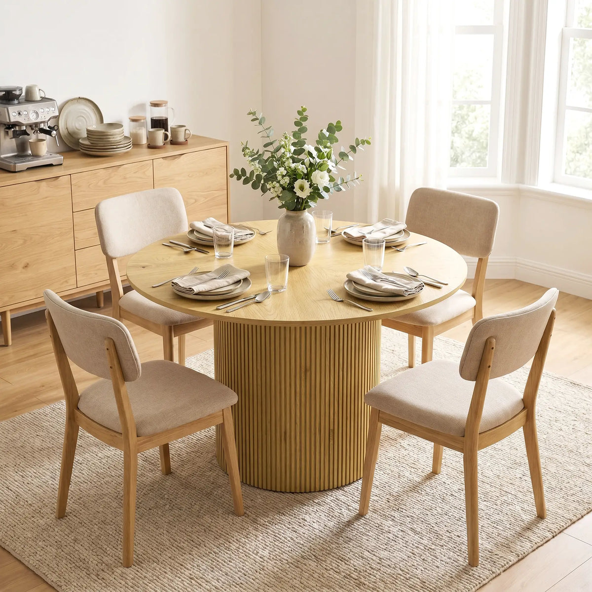 43.3 Inch Round Dining Table For 4-6, Fluted Pedestal, Oak Dining Tables at Gallery Canada