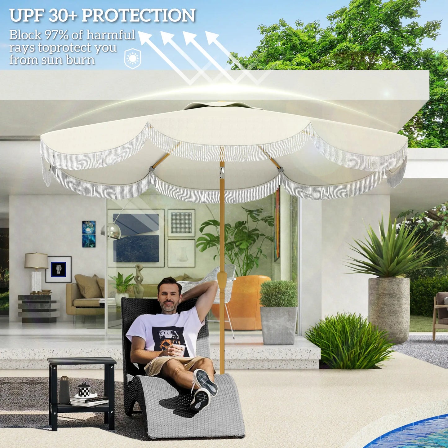 9FT Patio Umbrella, UPF 30+, Crank, 8 Ribs, Push Button Tilt, Cream White Patio Umbrellas at Gallery Canada