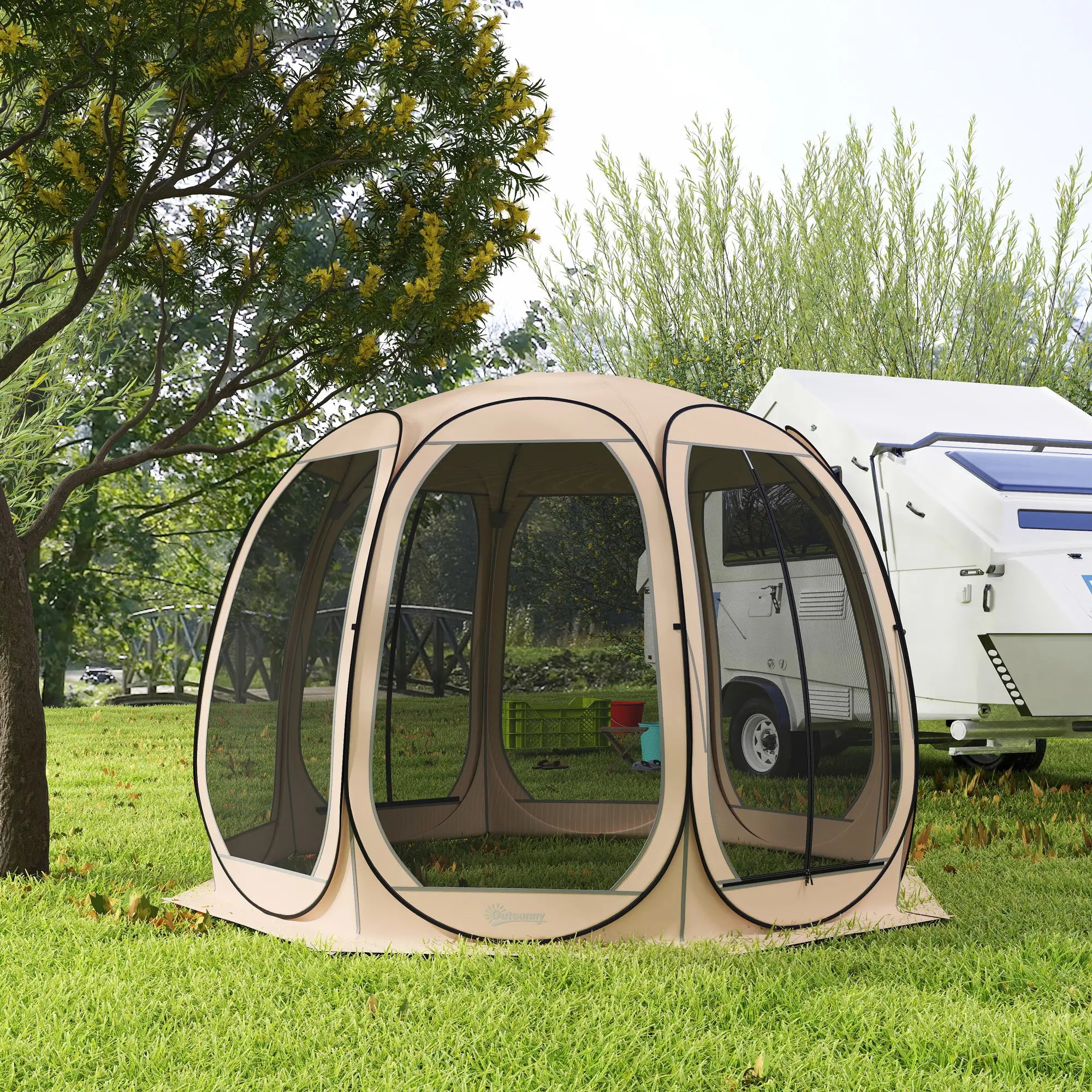 11' x 11.5' Screen Tent, Pop Up Gazebo, Portable Carry Bag, 2 Doors, Beige Camping Tents at Gallery Canada