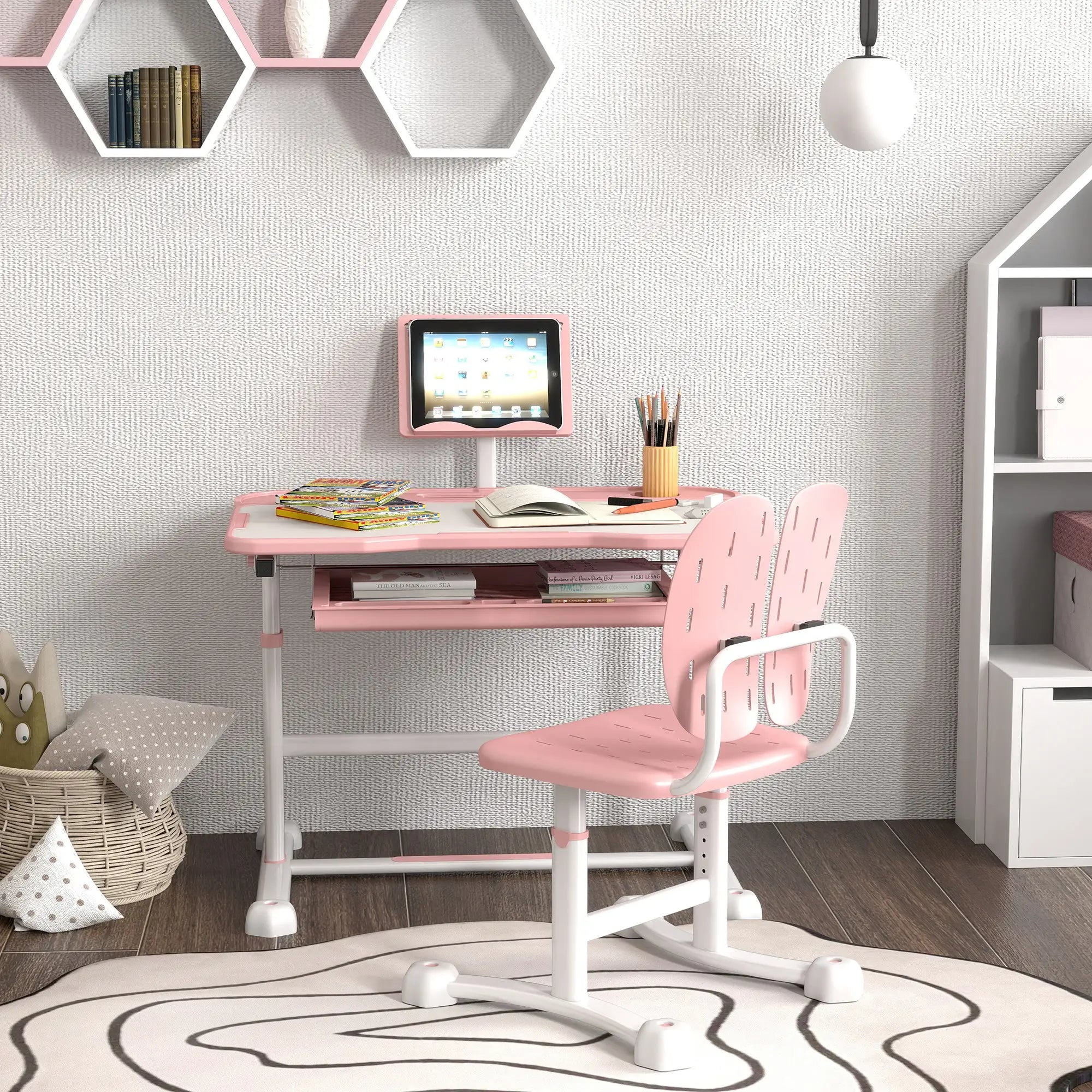 Adjustable Kids Desk and Chair Set, Tilt Desktop, Large Writing Board, Pink Kids Desk Sets at Gallery Canada