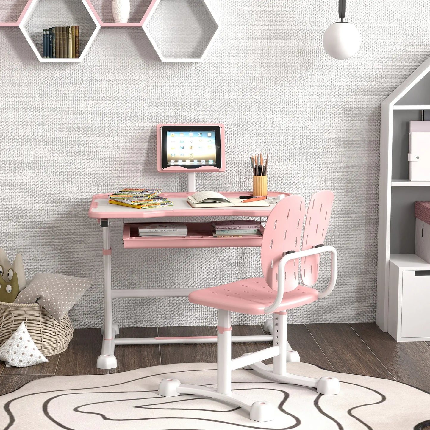 Adjustable Kids Desk and Chair Set, Tilt Desktop, Large Writing Board, Pink Kids Desk Sets at Gallery Canada