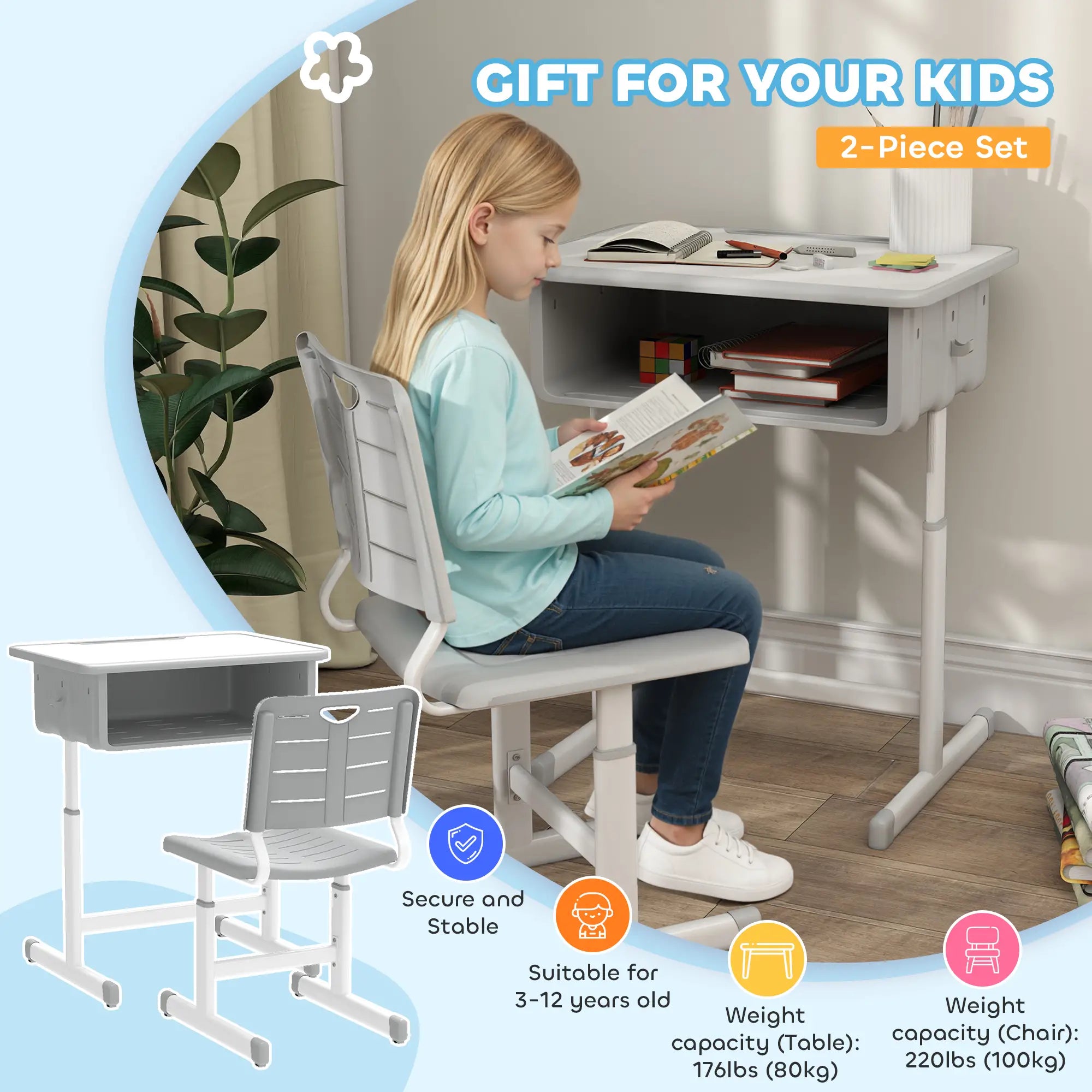 Kids Desk And Chair Set, Height Adjustable, With Drawer, Grey Kids Desk Sets at Gallery Canada