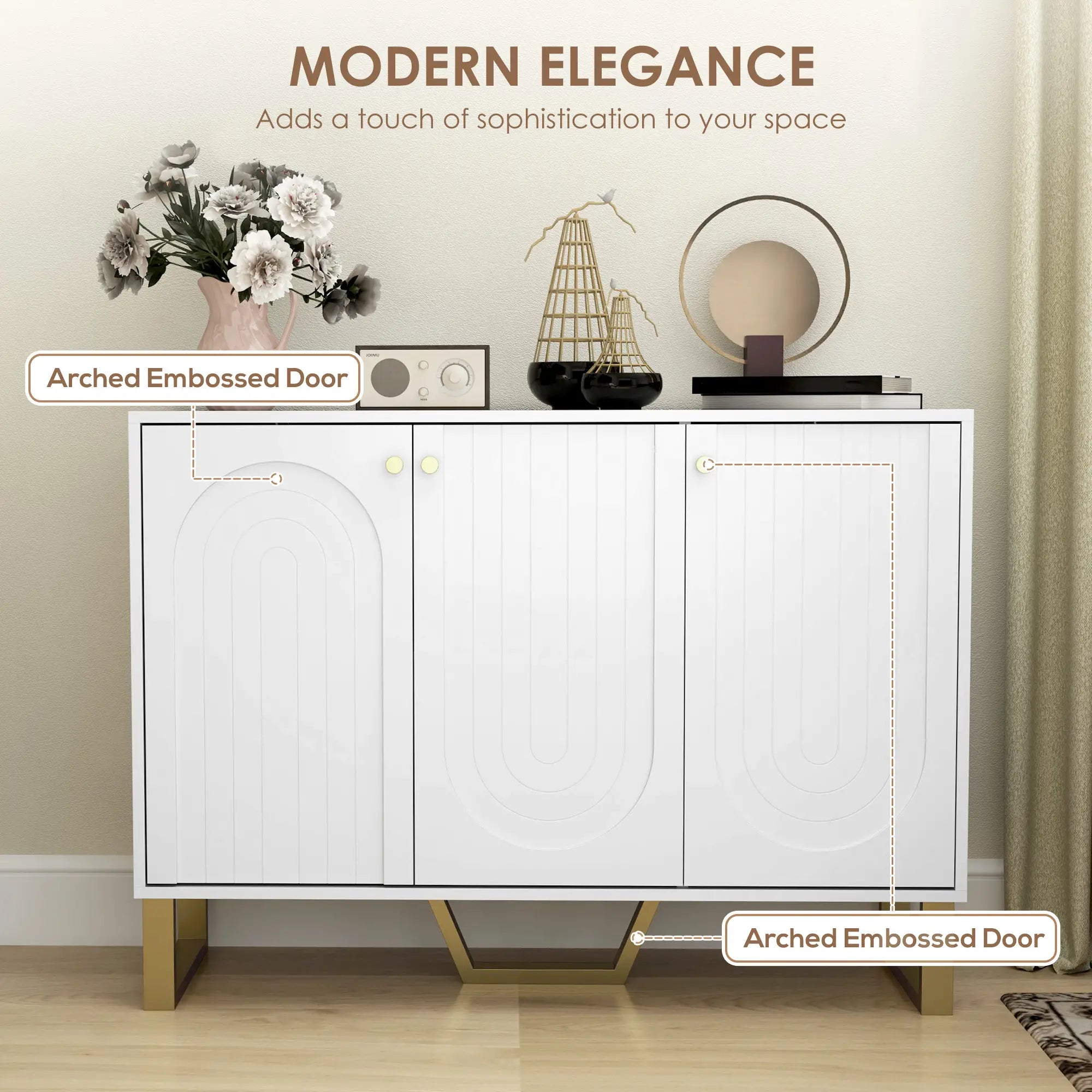 Modern Sideboard Buffet, 3 Doors, Adjustable Shelves, White Storage Cabinets at Gallery Canada