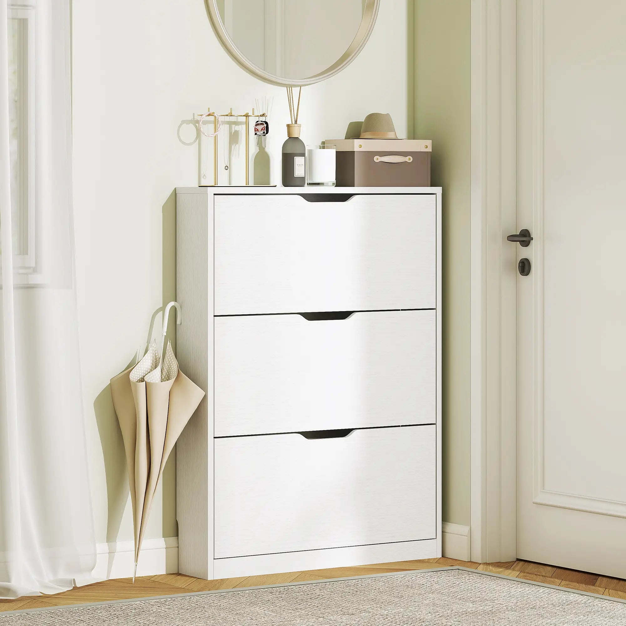 Narrow Shoe Cabinet 3 Flip Drawers, 31.5