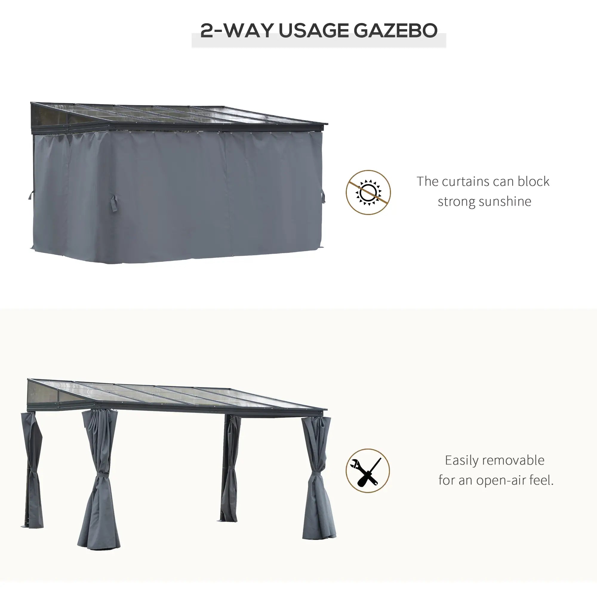 10' x 13' Hardtop Pergola, PC Roof Gazebo, Sun Shelter with Curtains Pergolas at Gallery Canada