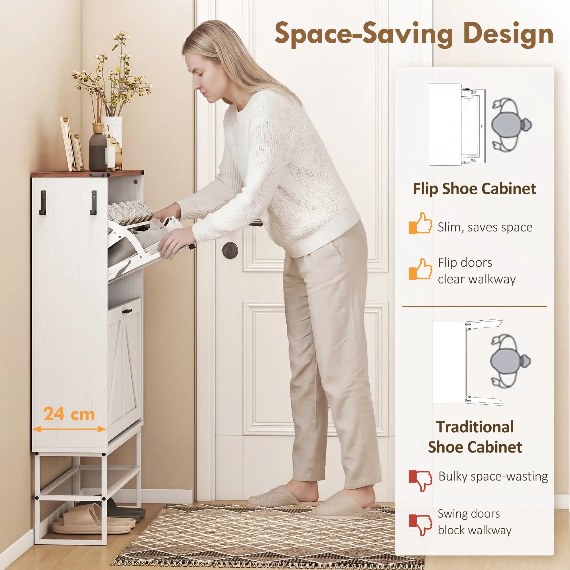 Narrow Shoe Cabinet with 2 Flip Drawers, Slim, White Wood Grain, White Shoe Storage Cabinets & Racks at Gallery Canada
