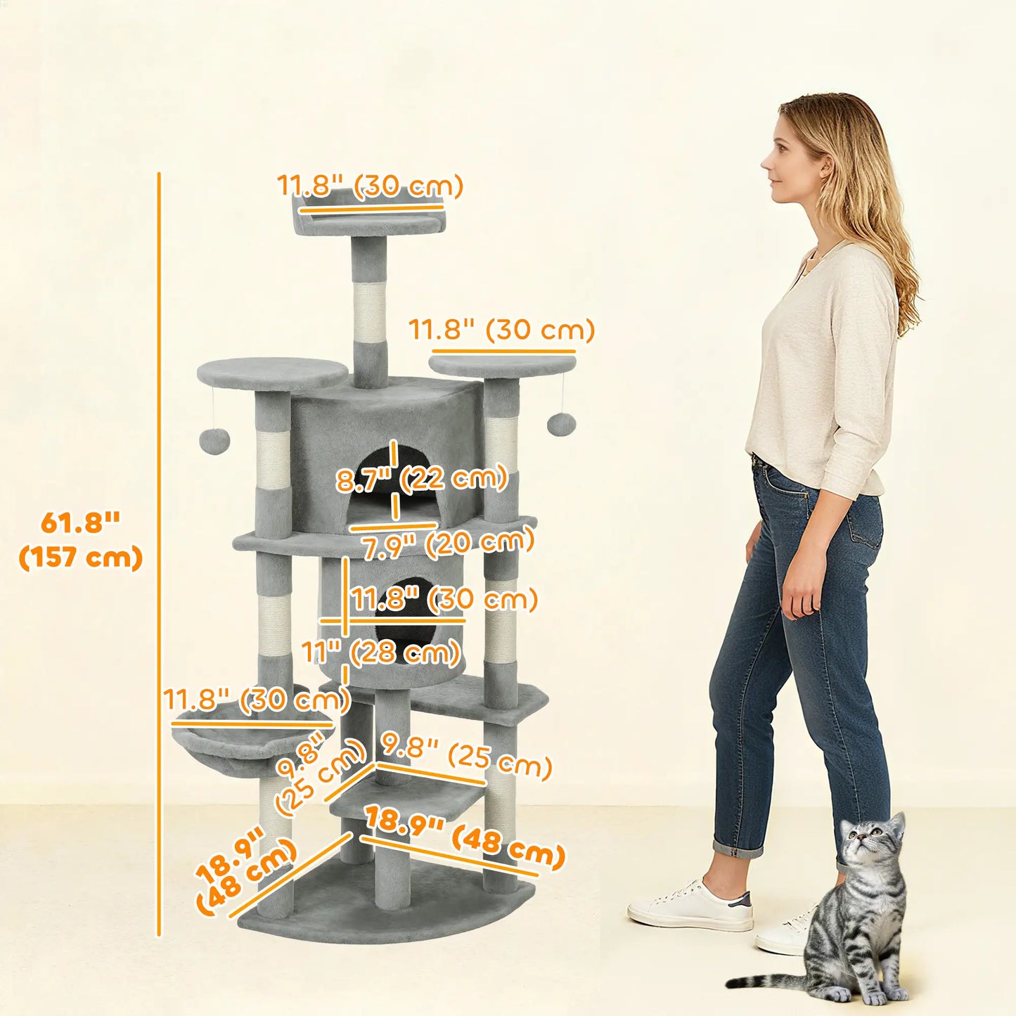 62" Cat Tree With Scratching Post, 2 Condos, Hammock, Light Grey