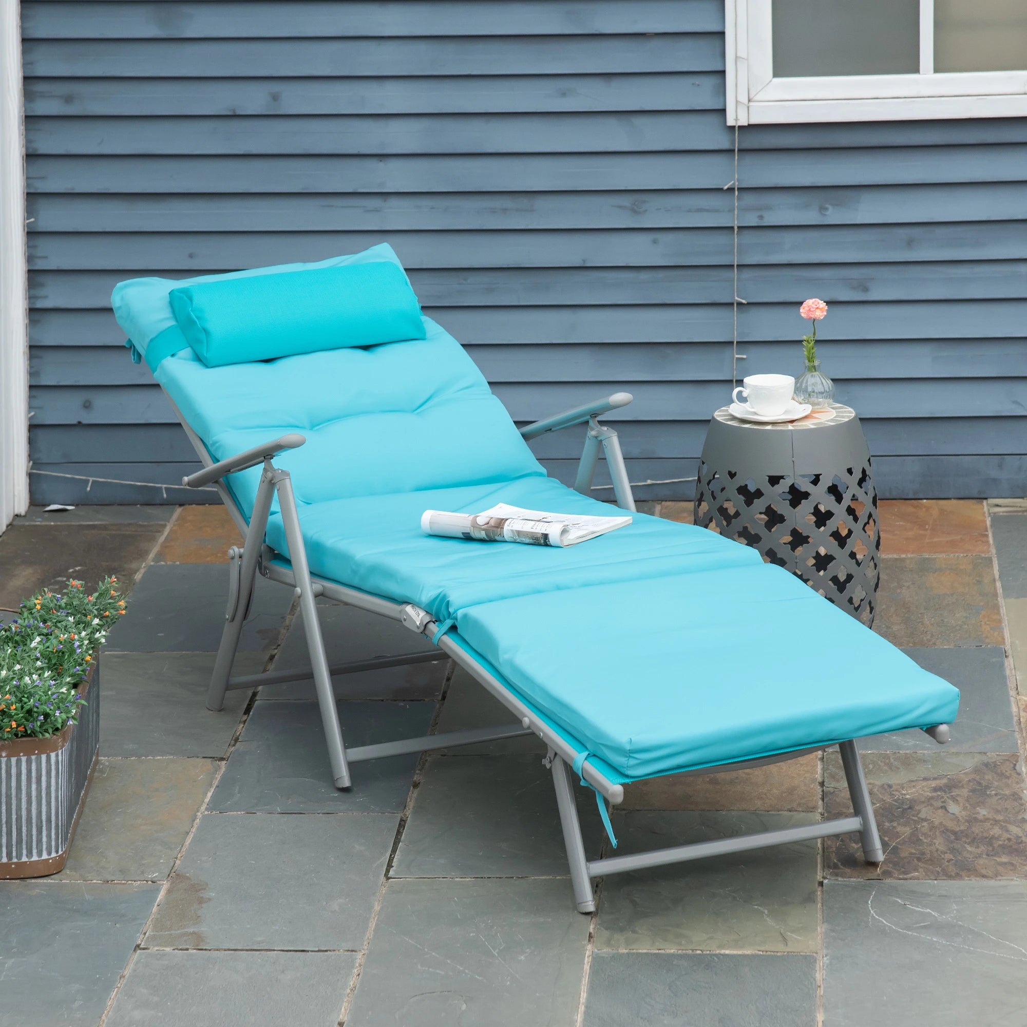 Outdoor Folding Chaise Lounge, Adjustable Backrest, Cushion, Headrest, Blue Lounger Chairs at Gallery Canada