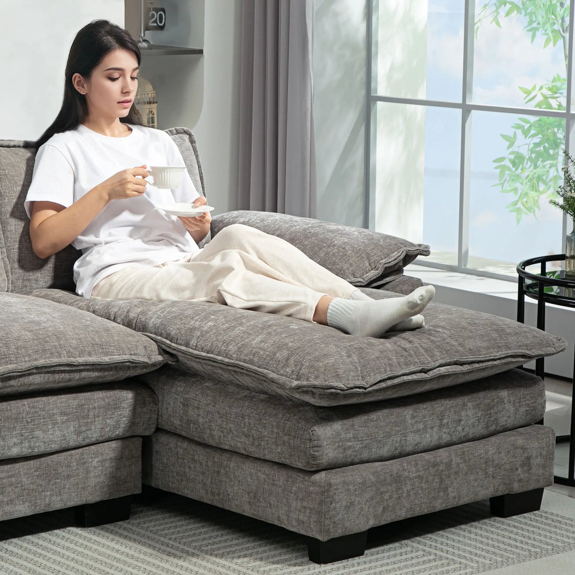 Chenille L-Shaped Sofa with Chaise Lounge, Double-Layer Seat Cushion, Grey Sofas & Reclining Chairs at Gallery Canada