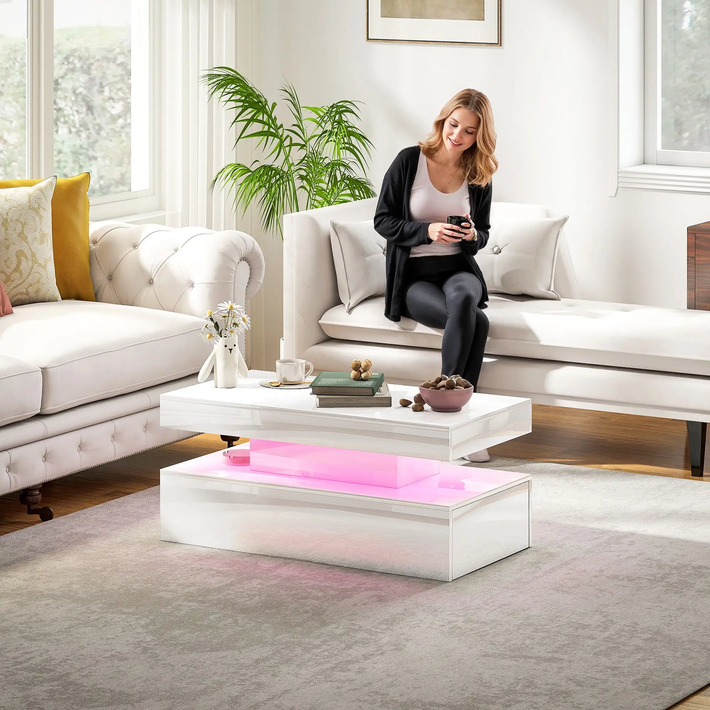 LED Coffee Table, 2 Drawers, Open Shelf, High Gloss White, White Coffee Tables at Gallery Canada