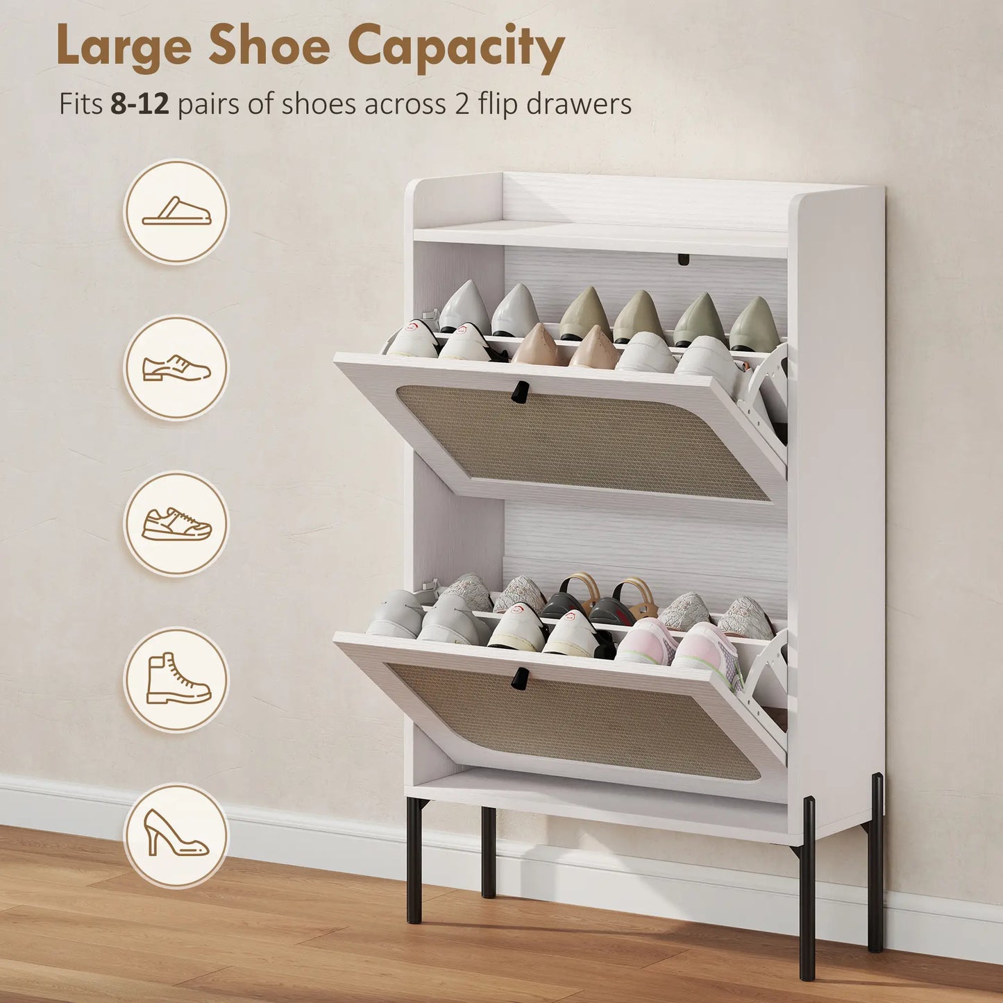 Shoe Cabinet With 2 Flip Drawers, Narrow, White Shoe Storage Cabinets & Racks at Gallery Canada