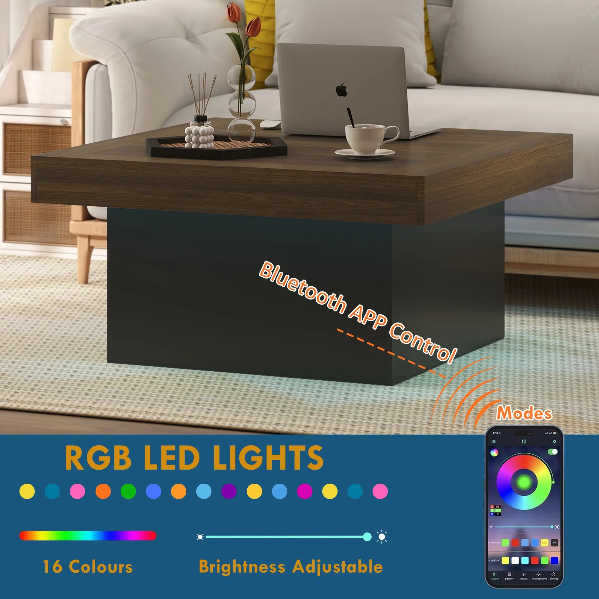 Square Coffee Table with LED Lights, 35-inch, Walnut Coffee Tables at Gallery Canada