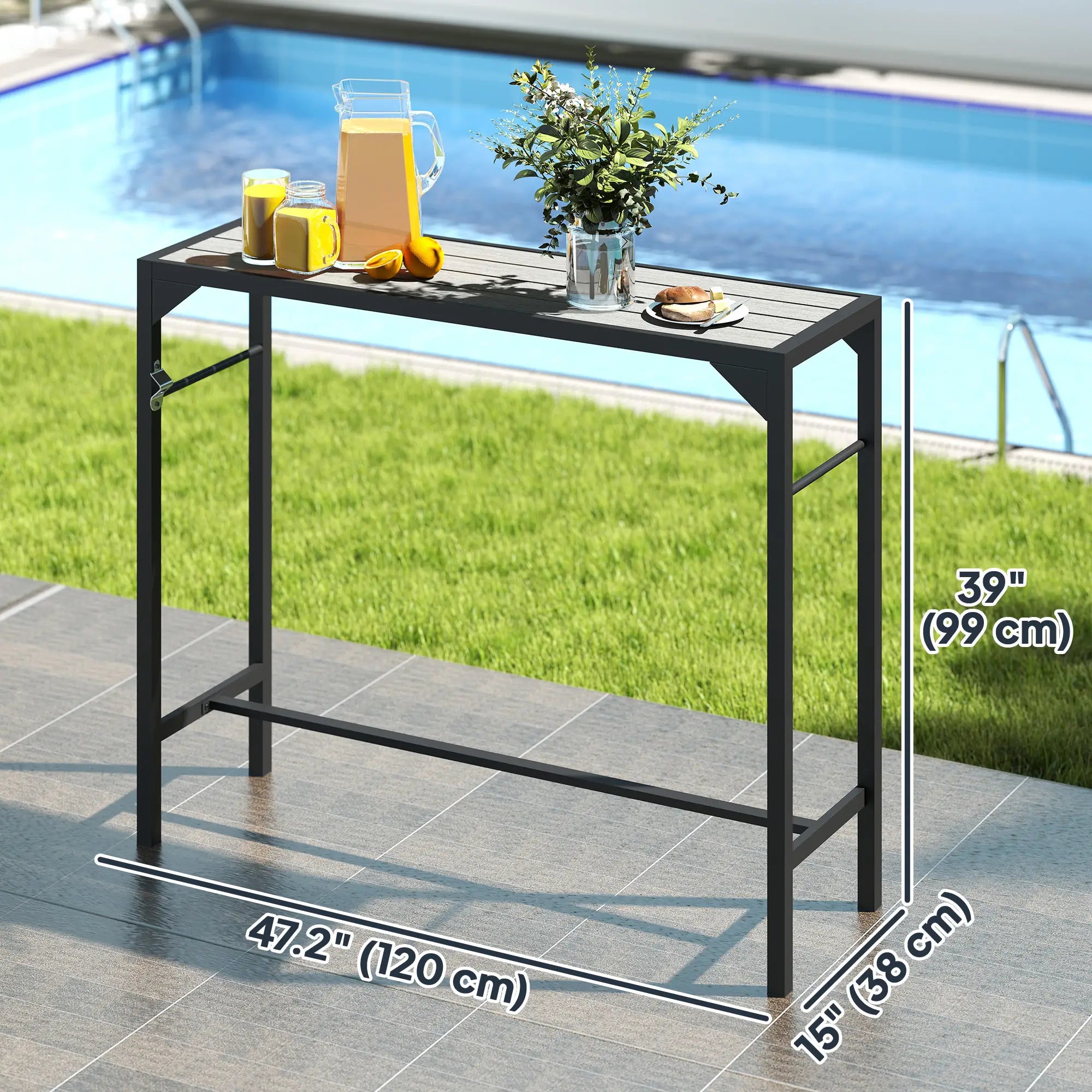 Outdoor Bar Table with Wood Grain Top, Built-In Bottle Opener, 47.2