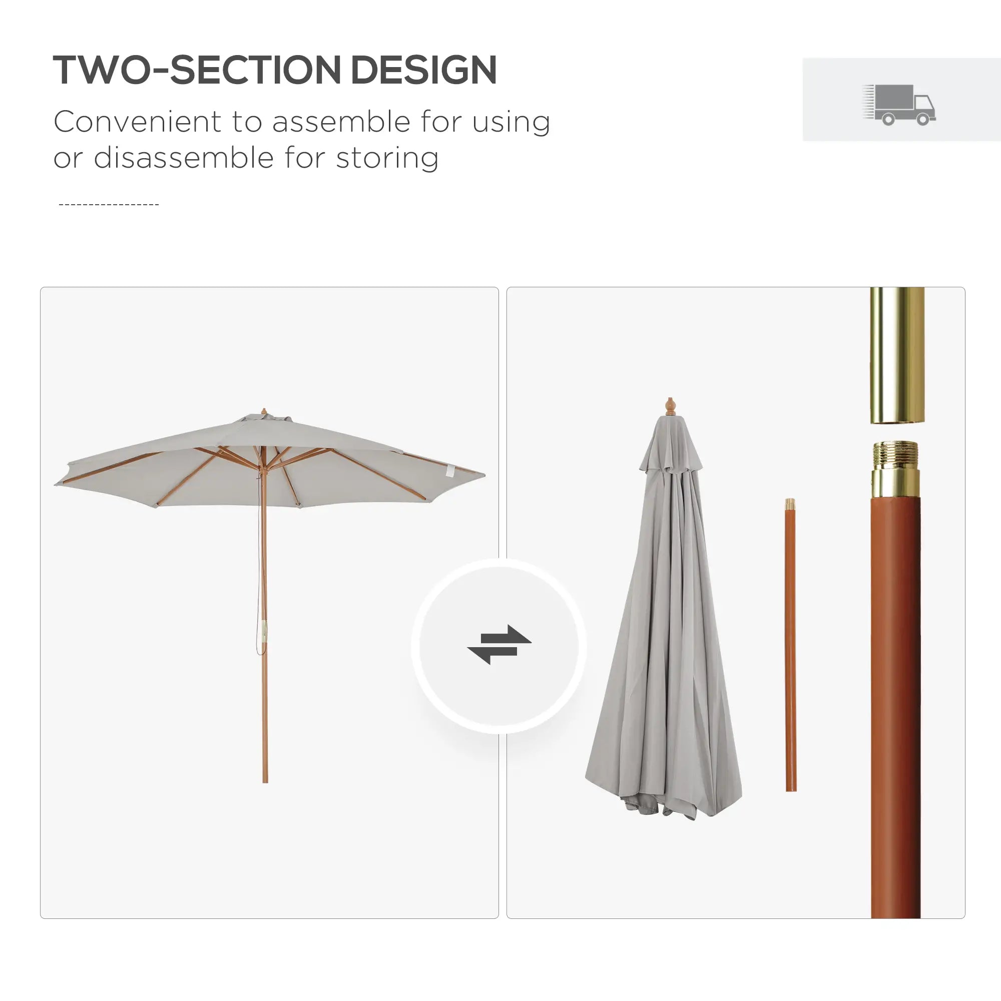 10' x 8' Wooden Patio Umbrella, Bamboo Rib Sunshade, Grey Sun Umbrellas at Gallery Canada