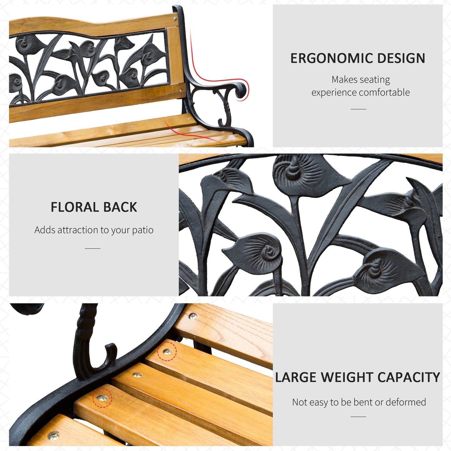 50" 2-Seater Garden Bench, Cast Iron Wooded Loveseat, Natural Outdoor Benches at Gallery Canada