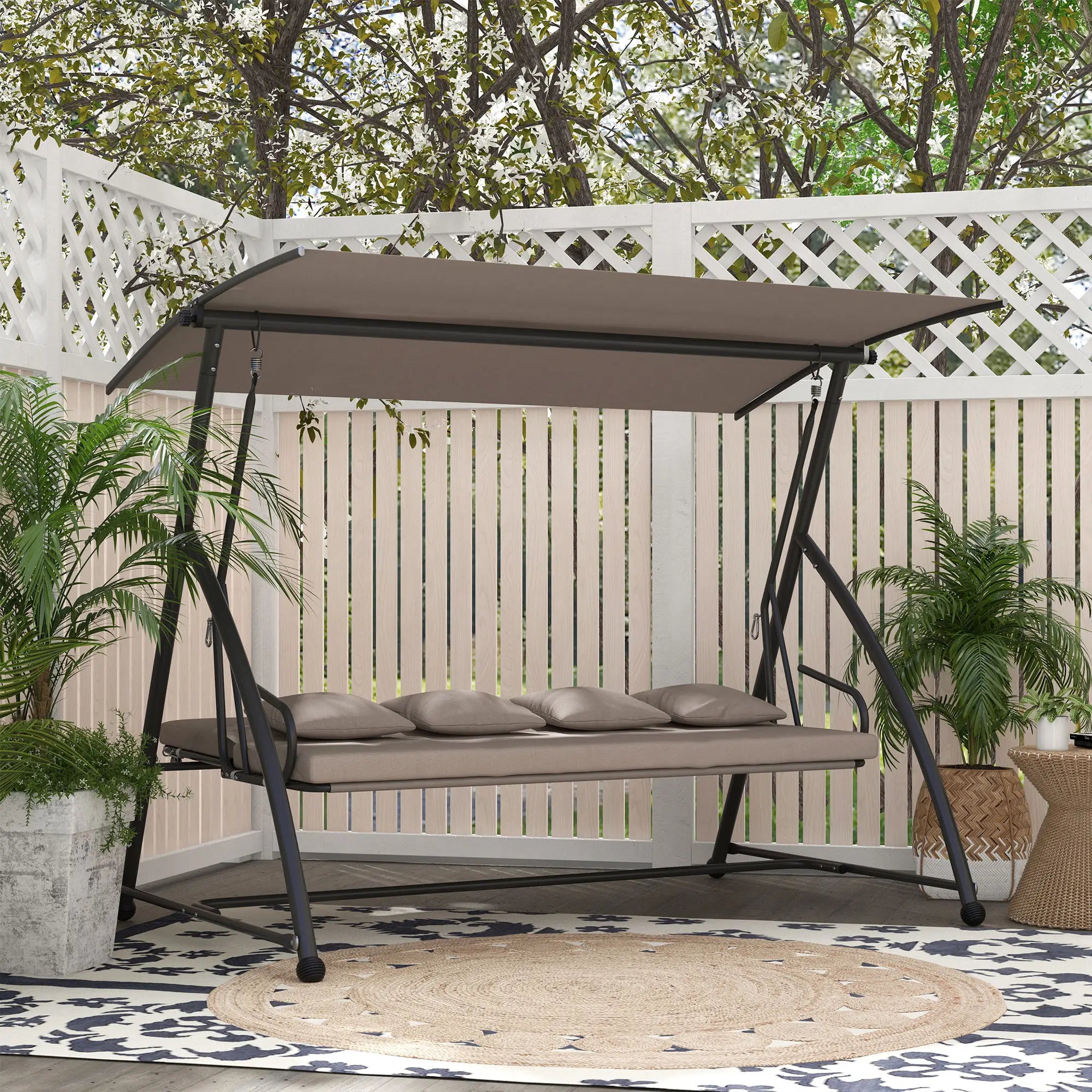 3 Seater Porch Swing, Convertible Chair Bed, Light Brown Patio Swings with Stand at Gallery Canada