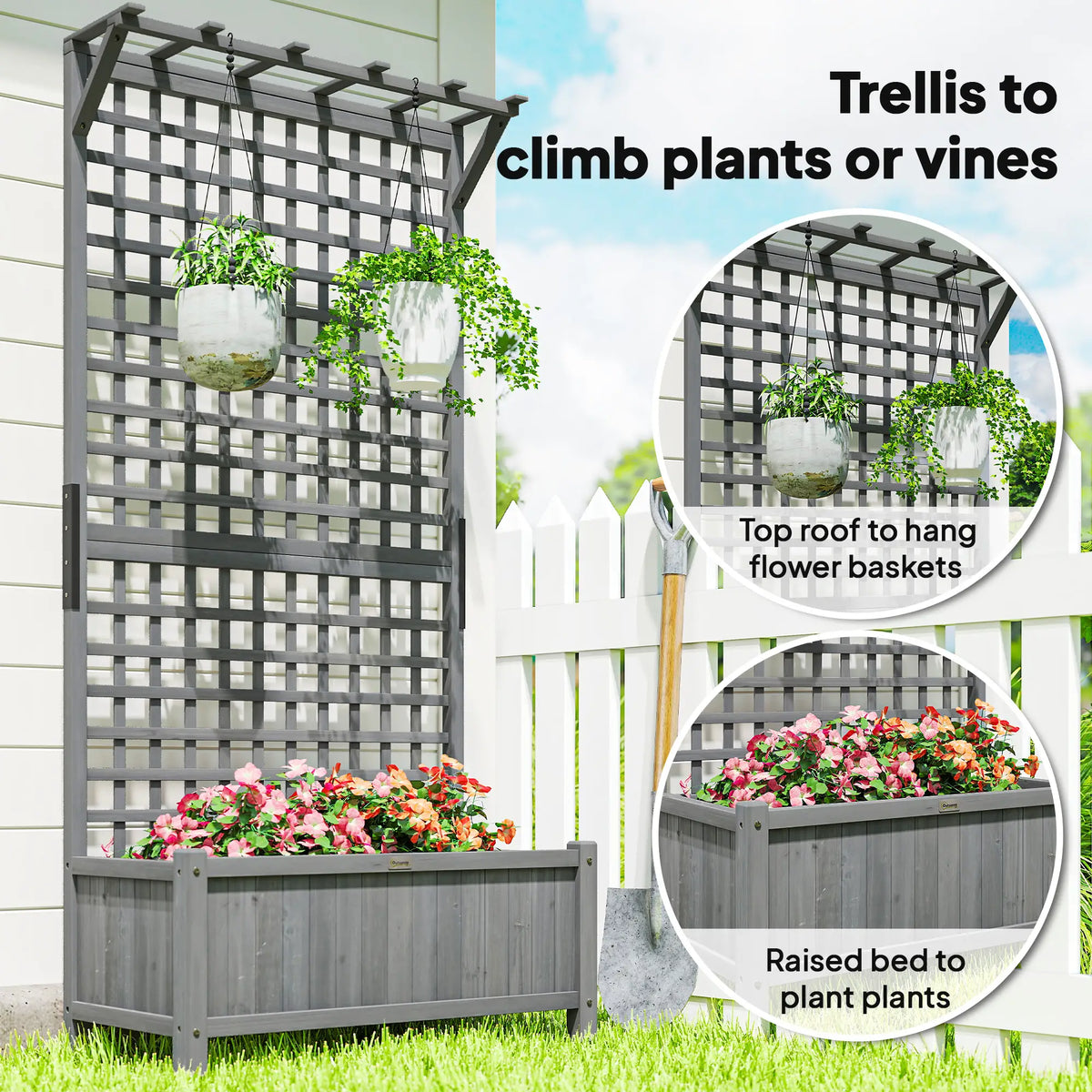 Jardinière en bois avec treillis, lit de jardin surélevé, écran d'intimité, gris foncé