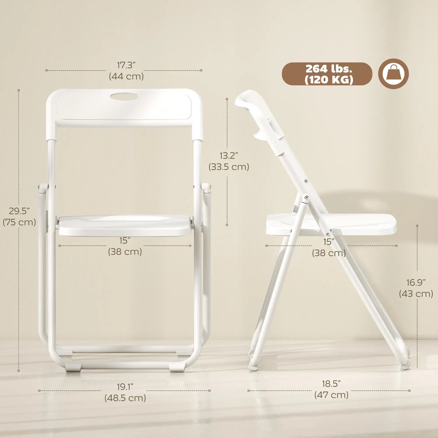 Chaises pliantes lot de 6, plastique avec cadre en acier, blanc