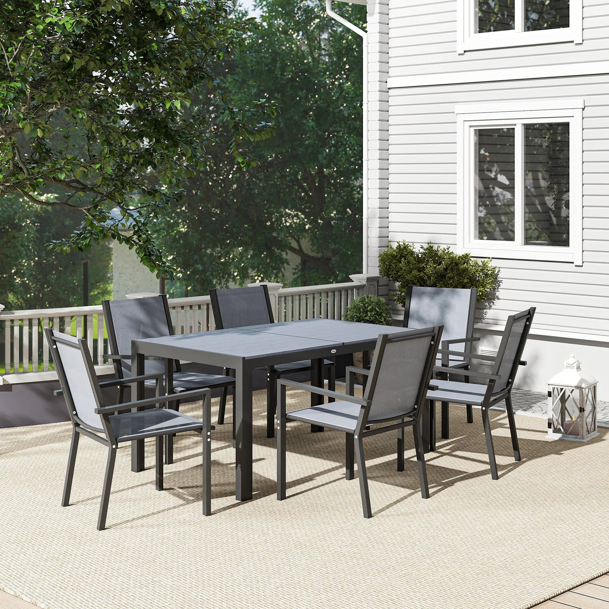 7 Piece Outdoor Dining Set, Rectangular Table, 6 Stackable Chairs Outdoor Dining Sets at Gallery Canada