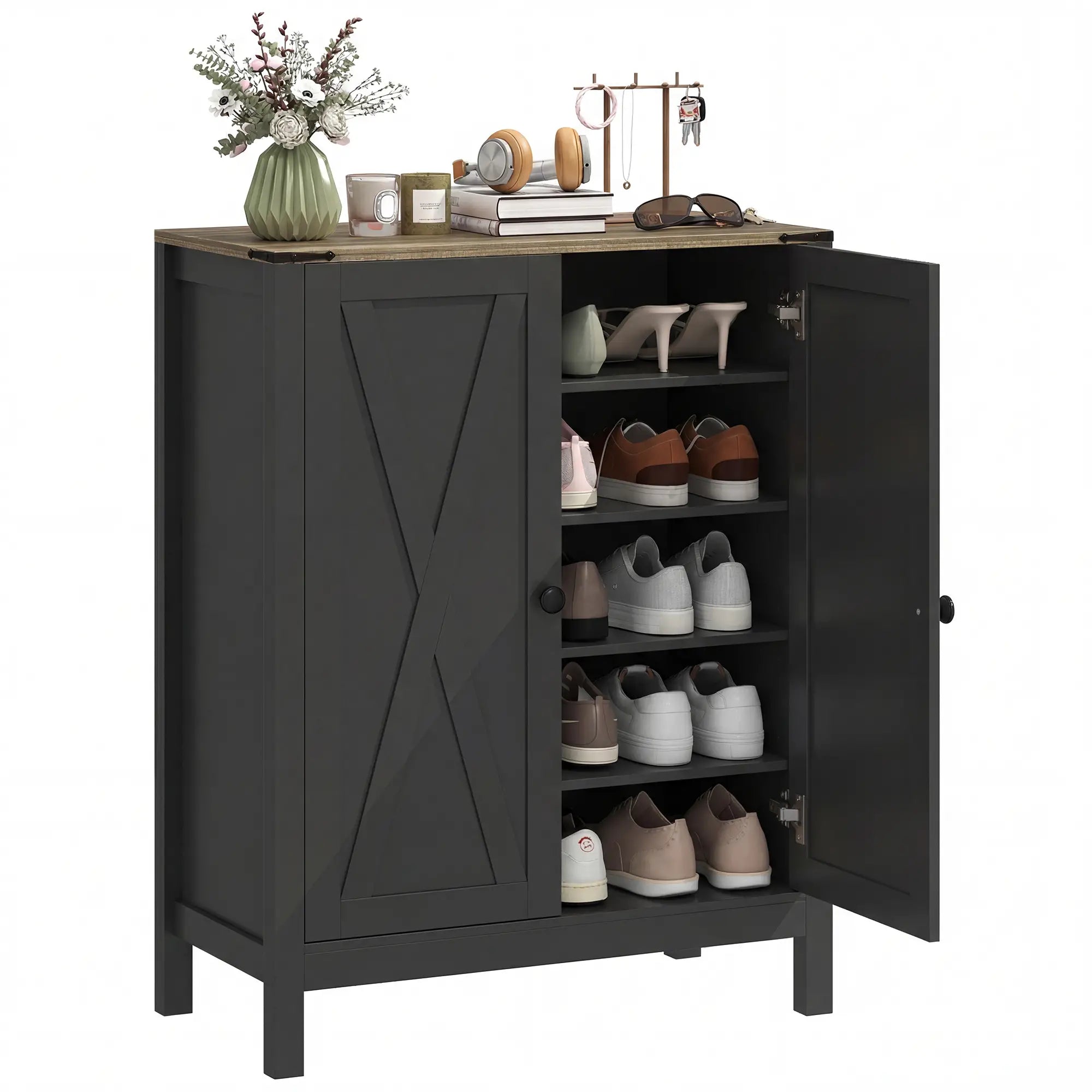 Shoe Cabinet With Barn Doors, Adjustable Shelves, 15 Pairs, Black Shoe Storage Cabinets & Racks at Gallery Canada