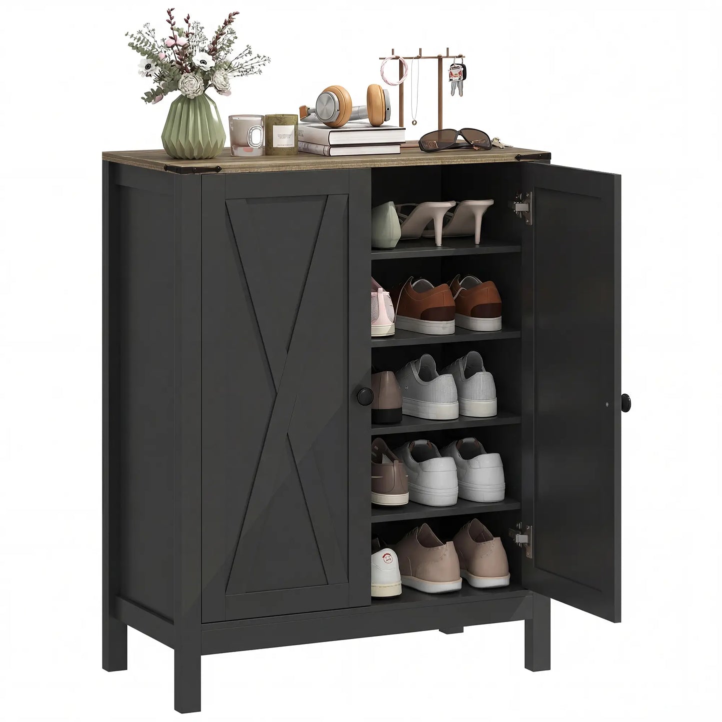 Shoe Cabinet With Barn Doors, Adjustable Shelves, 15 Pairs, Black Shoe Storage Cabinets & Racks at Gallery Canada