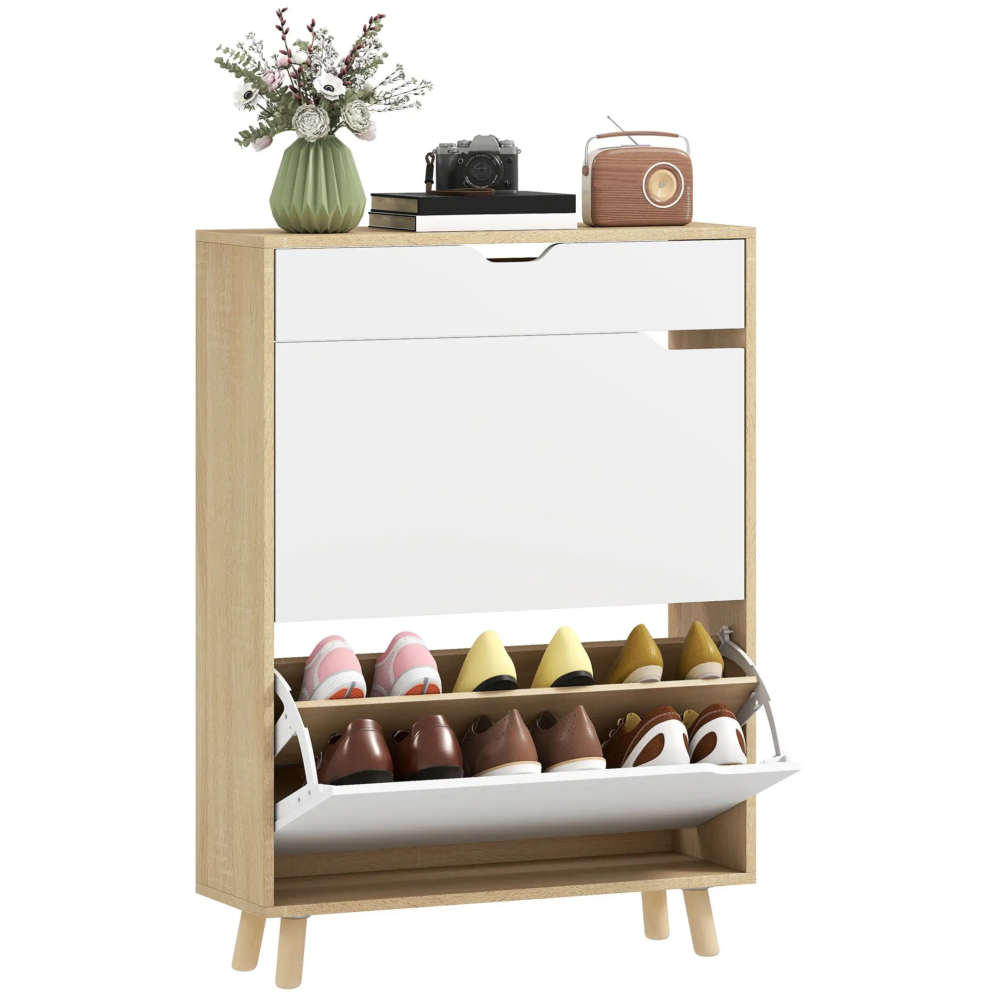 Narrow Shoe Cabinet, 2 Flip Drawers, Adjustable Shelves, White Shoe Storage Cabinets & Racks at Gallery Canada