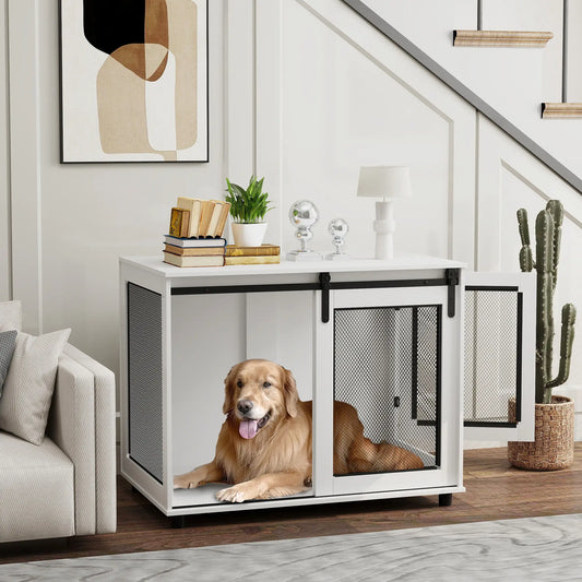 39" Dog Crate Furniture, Sliding Barn Door, Large Dog Cage End Table, White Houses, Kennels & Pens White at Gallery Canada