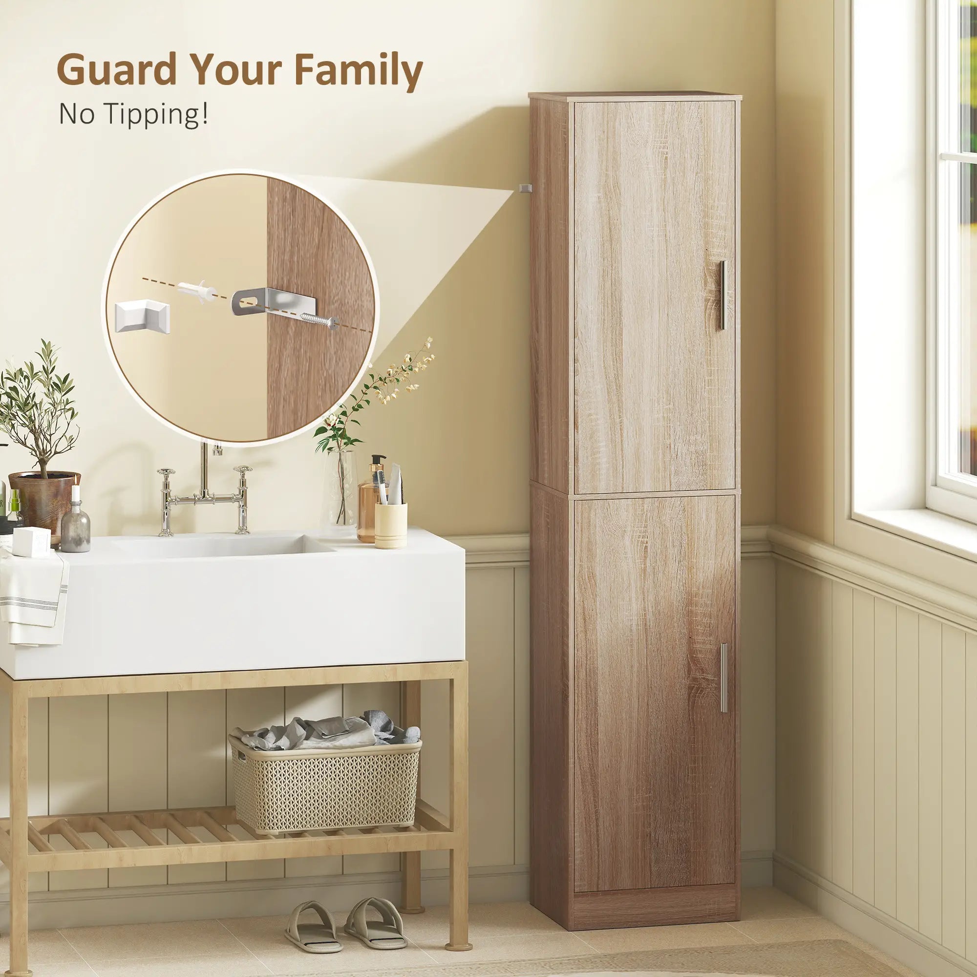 Tall Bathroom Cabinet, Slim 6-Tier Bathroom Floor Cabinet with 2 Doors and 4 Adjustable Shelves, Natural Wood Freestanding Bathroom Cabinets at Gallery Canada