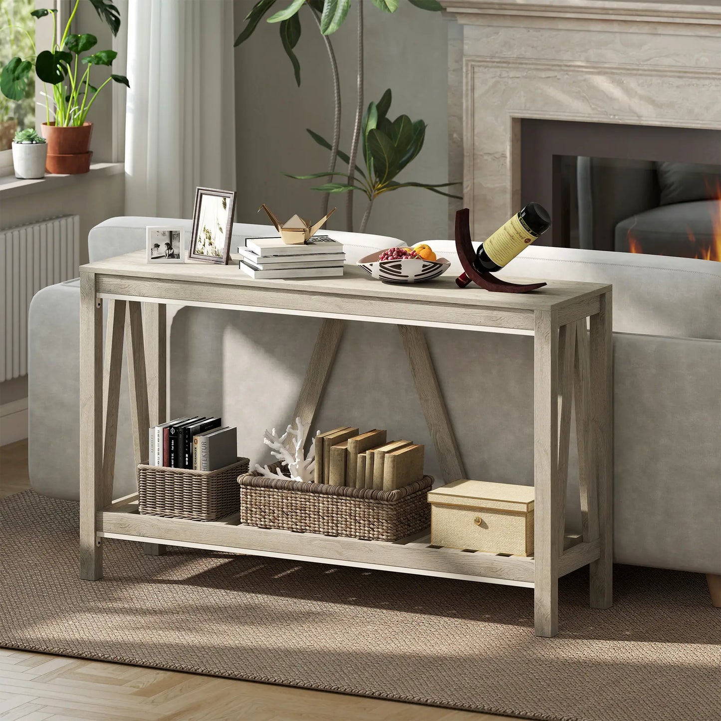 Farmhouse Entryway Table, Rustic Console with Shelf, Distressed, Grey Console Tables at Gallery Canada