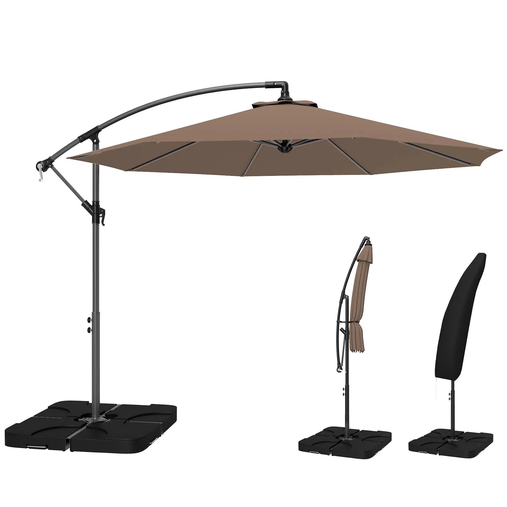 9.6ft Offset Patio Umbrella, Hanging Parasol, Crank, Base Cantilever Umbrellas Coffee at Gallery Canada