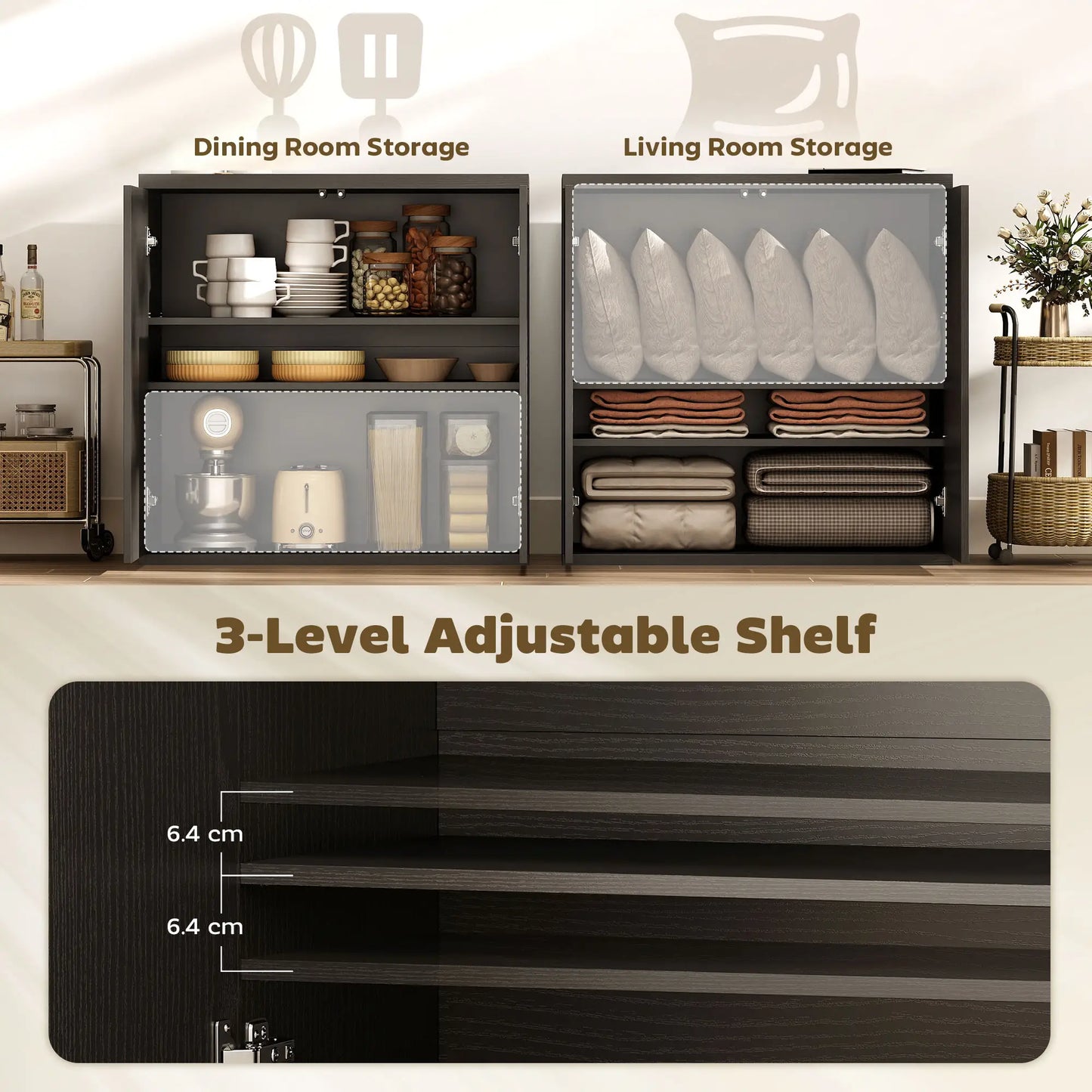 Sideboard Buffet Cabinet Set Of 2, Kitchen Cabinet, Distressed Black Grey