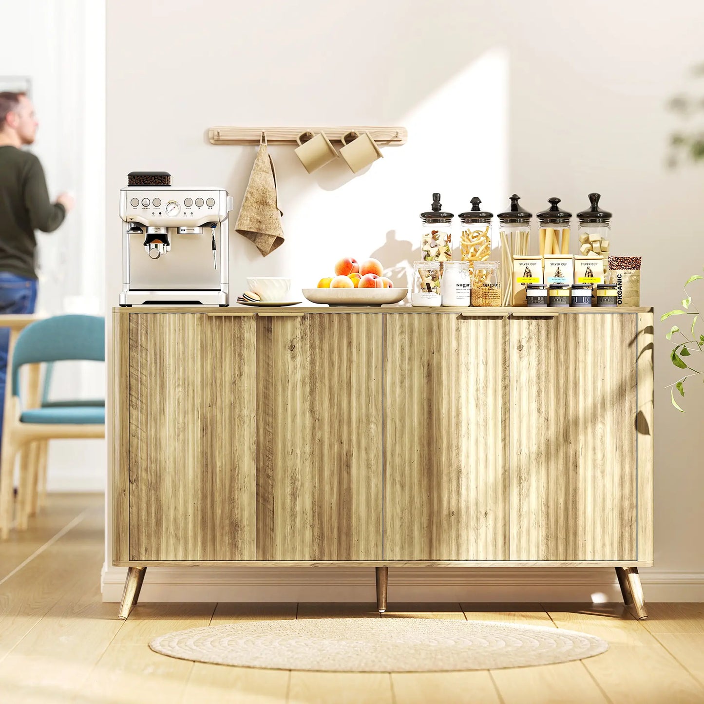 55" Modern Buffet Cabinet, 4 Fluted Doors, 2 Adjustable Shelves, White Storage Cabinets at Gallery Canada