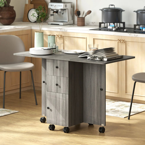 Foldable Dining Table, Rolling Kitchen Table with Storage, Grey