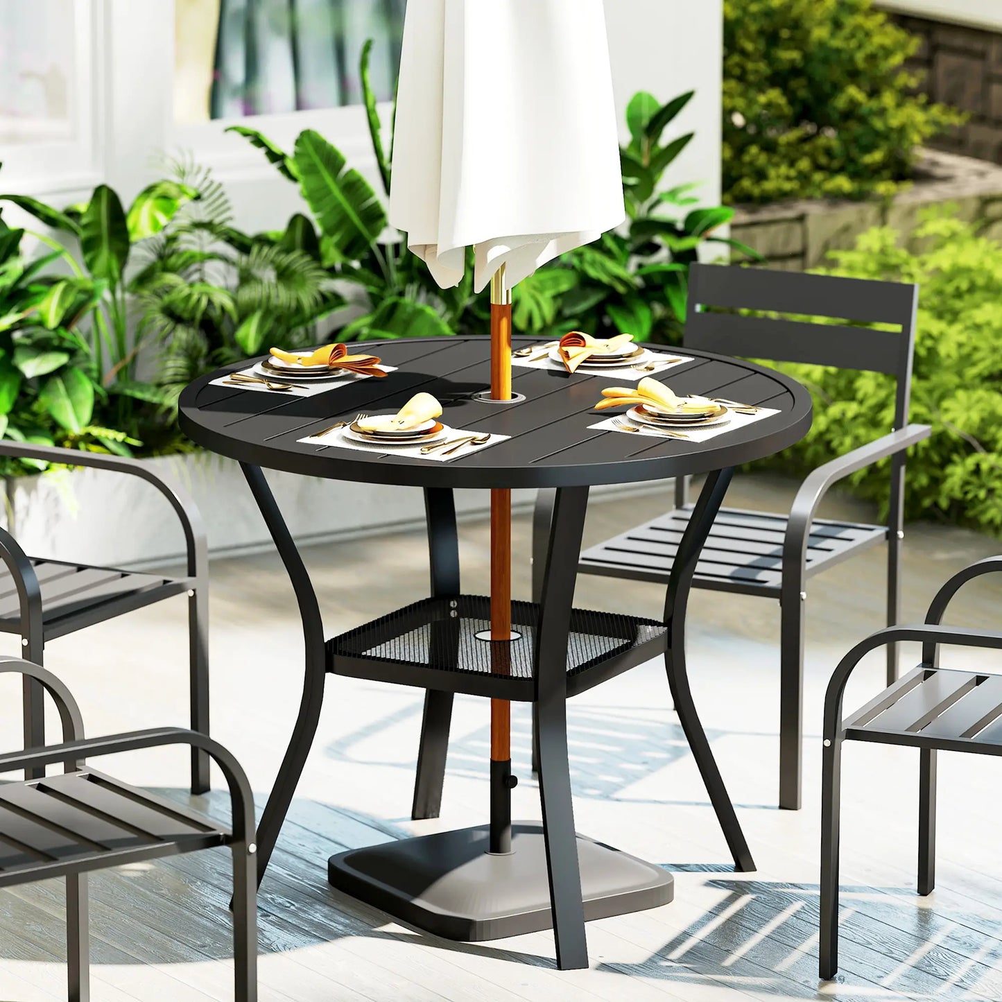 35.5" Round Outdoor Dining Table, Metal Patio Table With Umbrella Hole, Black Patio Dining Tables at Gallery Canada