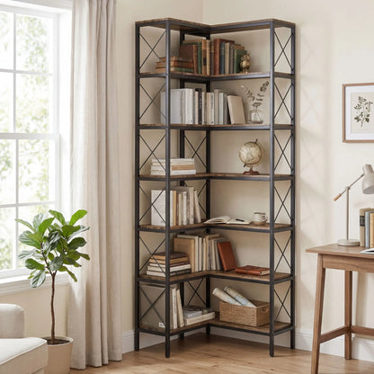 6-Tier L-Shaped Bookshelf, Freestanding Corner Bookcase with Metal Frame, Rustic Brown Display Bookshelves at Gallery Canada
