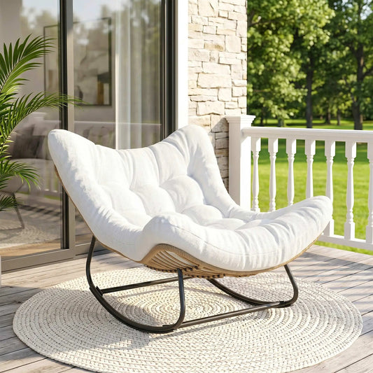 Oversized Rattan Patio Egg Chair, Rocking Chair With Padded Cushion, Cream White Outdoor Rocking Chairs Cream White, Natural Wood at Gallery Canada
