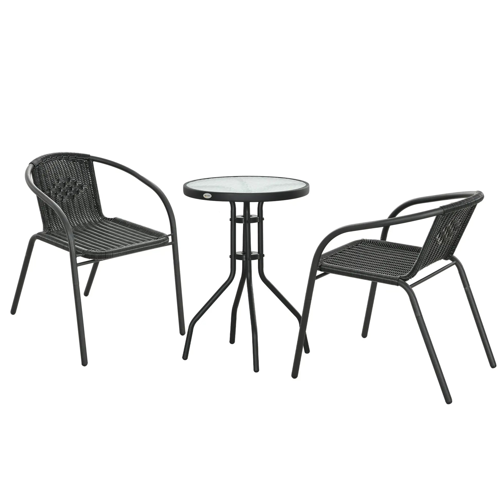 3-Piece Outdoor Wicker Set, 2 Stackable Chairs, Glass Table, Black Bistro Sets Black at Gallery Canada