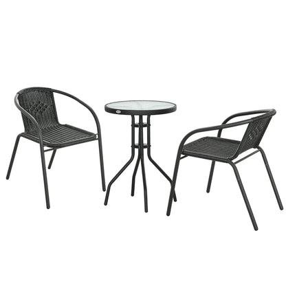 3-Piece Outdoor Wicker Set, 2 Stackable Chairs, Glass Table, Black Bistro Sets Black at Gallery Canada